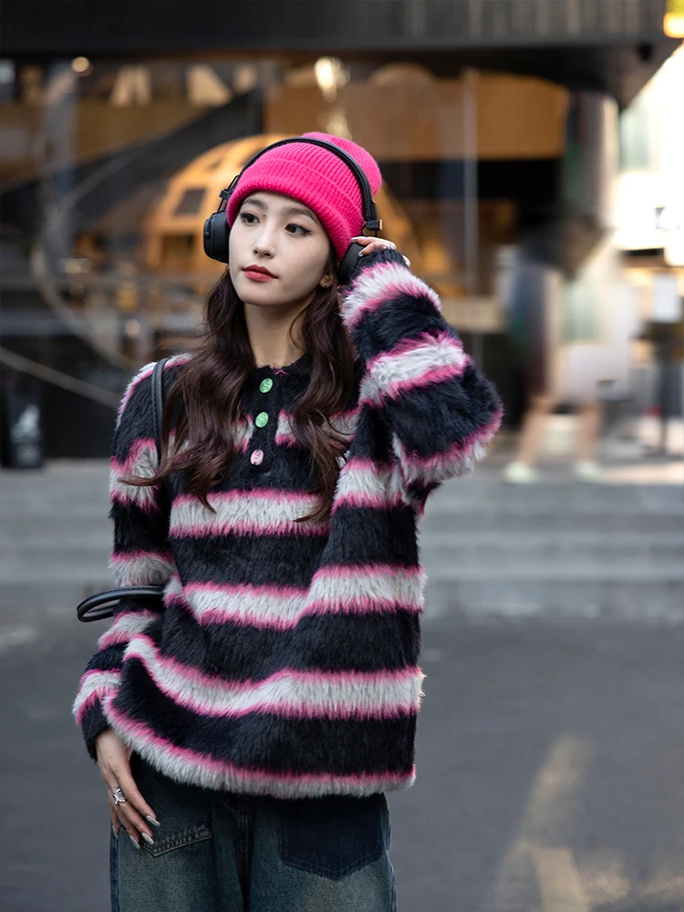 

Женский свободный мягкий полосатый свитер-пуловер Yang Bubble Brand для повседневной носки, теплый зимний топ с обычным рукавом