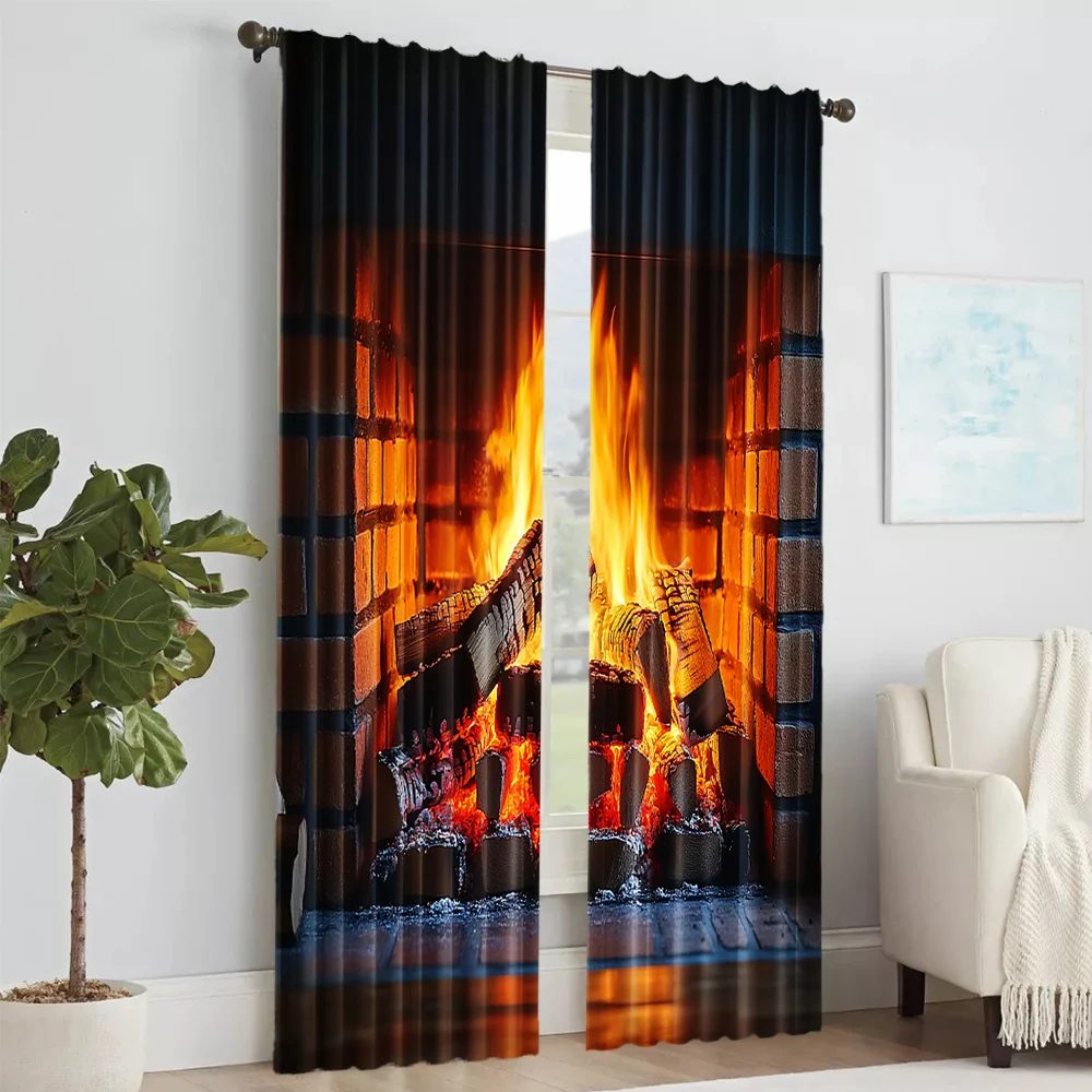 2 pcs, versatile polyester transparent curtains for home decoration Flaming Fireplace & Camping Scene for use in bedrooms and