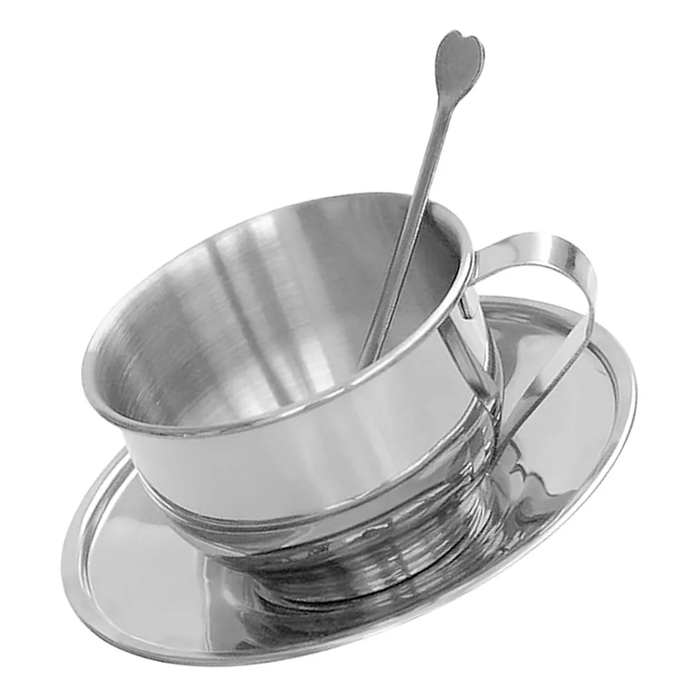 

European Style Coffee Cup Saucer Set Stainless Steel Tea Mug Kit Spoon Included Durable Practical Retro Outdoor Garden Kitchen