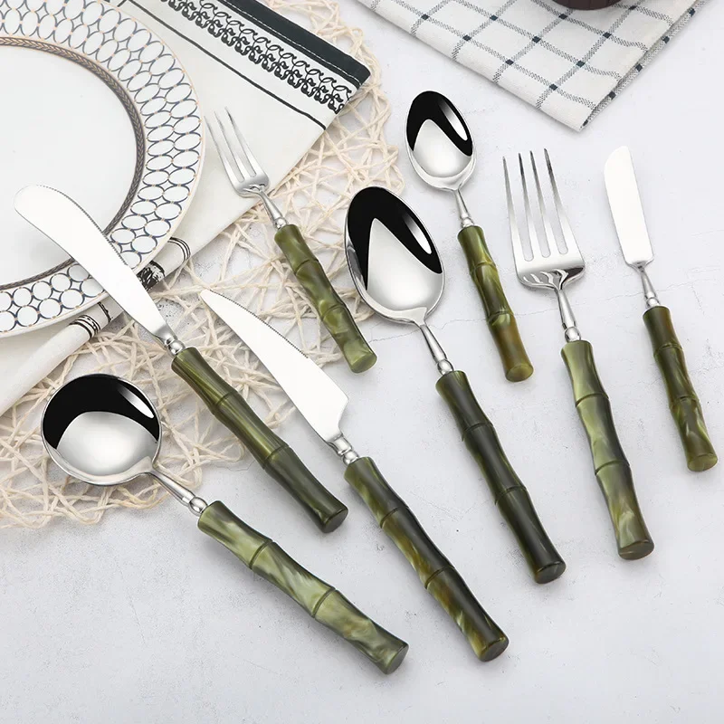 8pcs New Resin Cutlery Bamboo Style stainless steel 304 Classical Flatware Dinnerware Set Silver Blue Green Cream Drop Shipping
