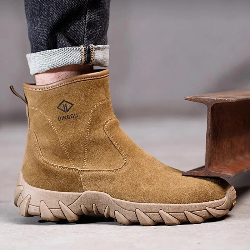 جلد البقر الرجال أحذية عمل أحذية أمان عالية أعلى الجانب سستة السلامة التمهيد مكافحة تحرق أحذية لحام ثقب واقية أحذية الأمن الرجال