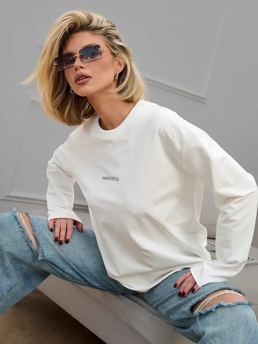 تي شيرت Faionable كاجوال فضفاض مطبوع طويل Sve تي شيرت نسائي قطني مستدير Ne سترة صيفية مريحة قابلة للتنفس