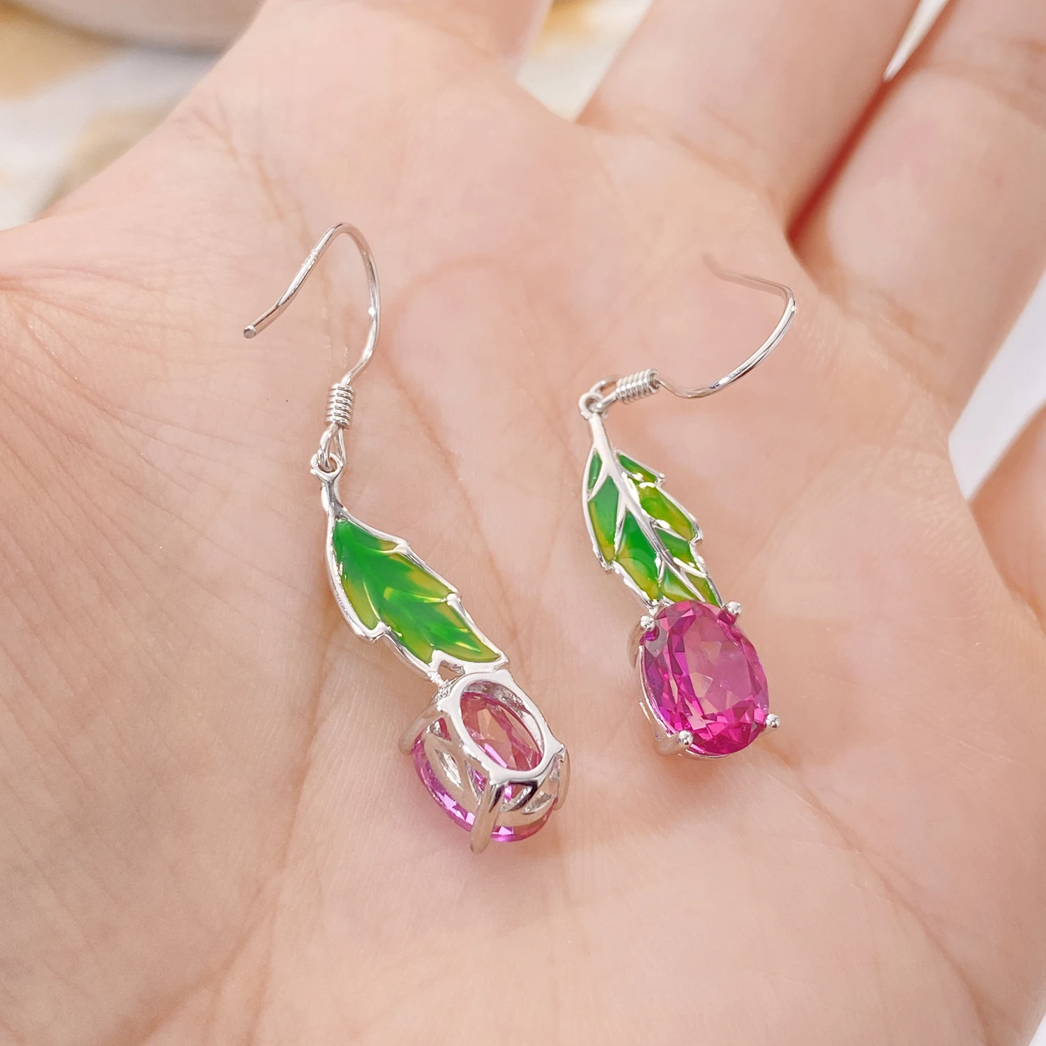 YBO Green Leaf Baking Varnish Enamel Drop Earrings Natural Pink Topaz Dangling Earrings For Women 925 Sterling Silver Jewelry