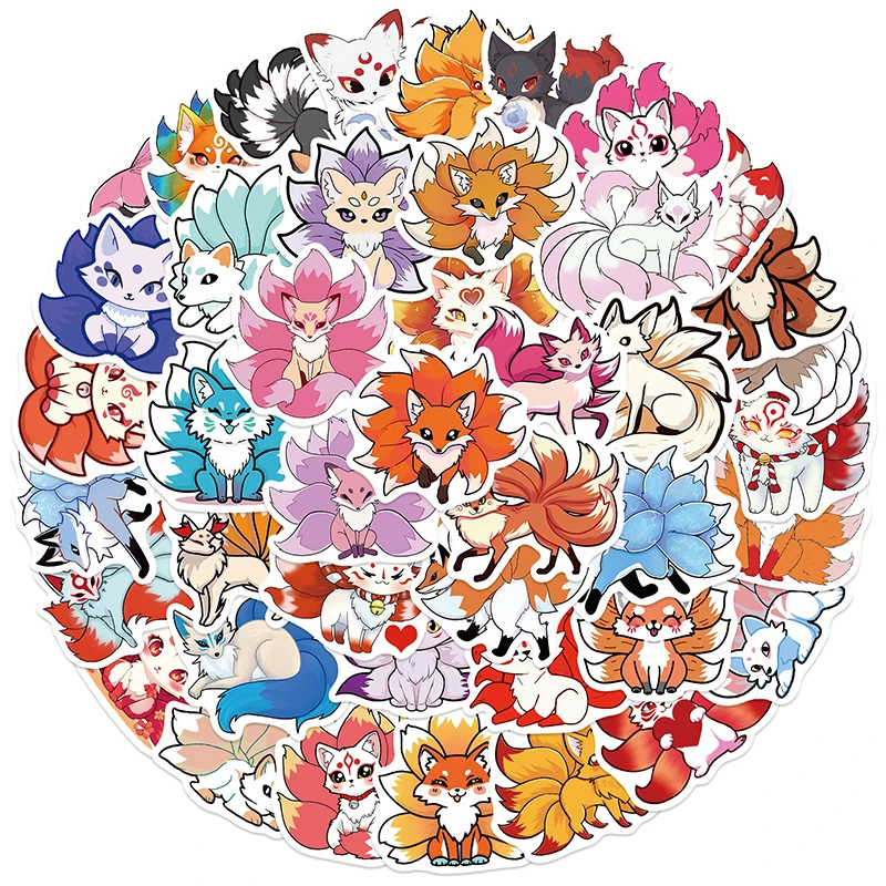 50 Uds. De pegatinas bonitas de zorro, pegatinas de zorro de nueve colas de animales Kawaii, calcomanías de vinilo impermeables para botellas de agua, taza de equipaje para ordenador portátil