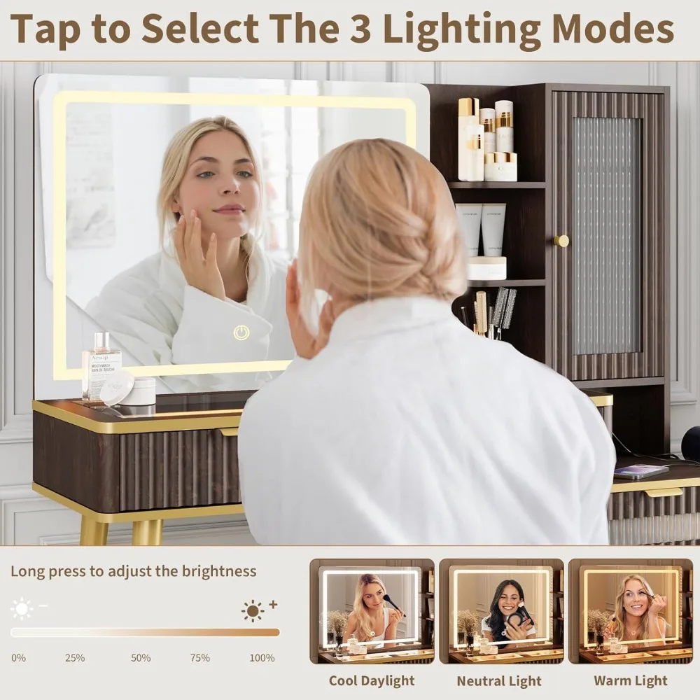 モダンなガラス天板の化粧台、フルーテッドデザイン、LED照明付きミラー、充電ステーション付き