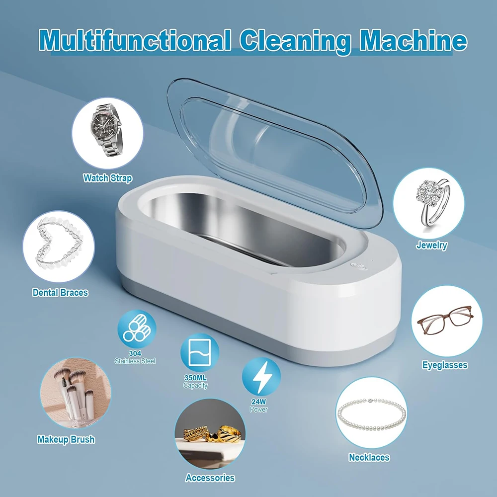 

KUNPHY 350ml Ultrasonic Jewelry Cleaner Glasses Cleaner Bath 12oz 46KHz Professional Sonic for Rings Dentures Deep Cleaning Tool