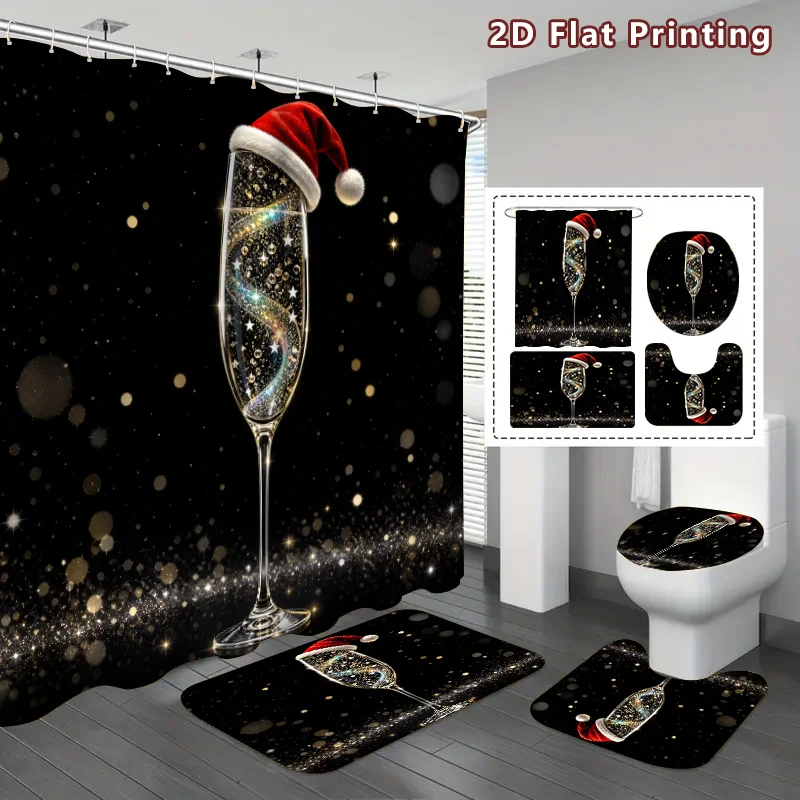 4pc 2D Flat Christmas Shower Curtain Set, Santa & Champagne Print, 3Pcs Matching Mats, Home Bathroom Decor, 12 Hooks Included