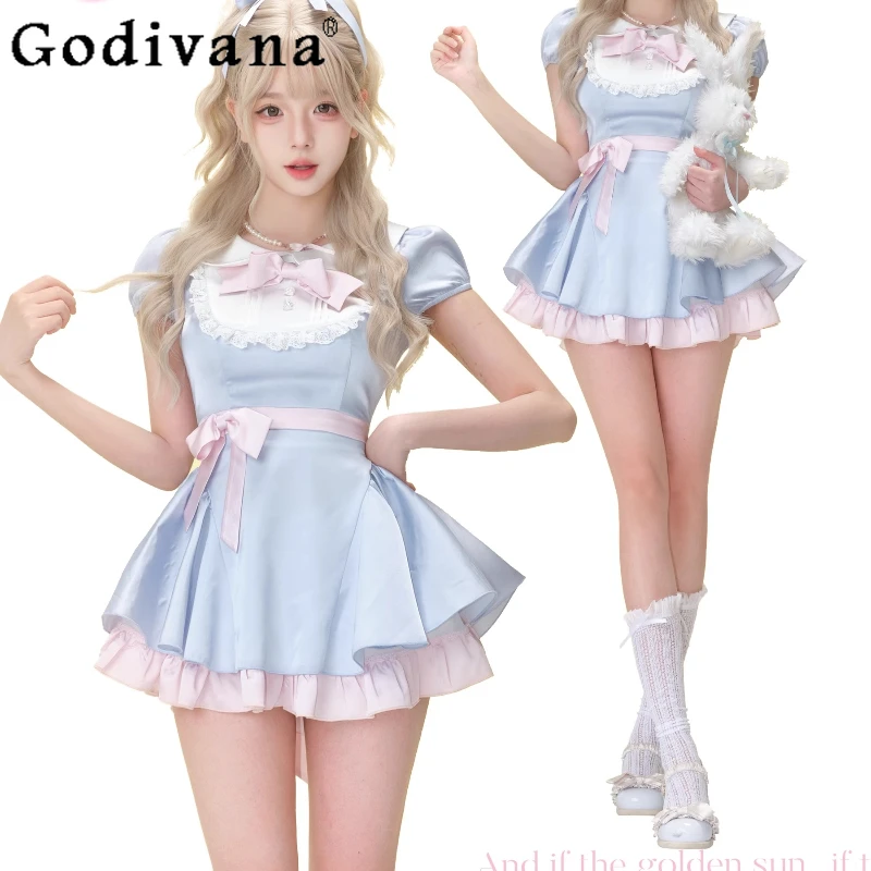 女性用ブルーのリボン付きワンピース、ハイウエストロリータスイートドレス、夏の女の子向け和風キュートなドレス、ホワイトバブルショーツセット