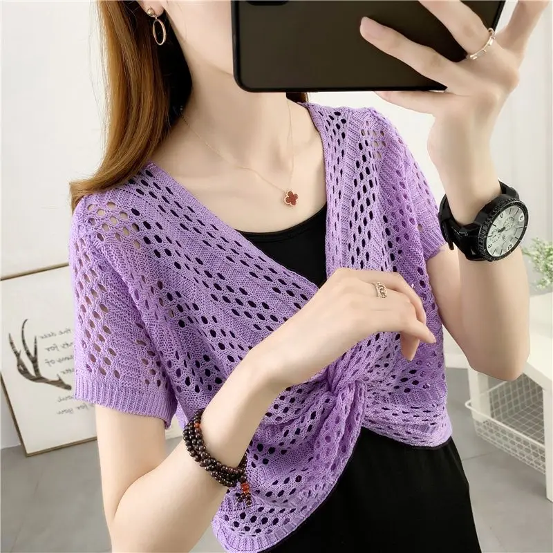 Stylish Solid Color Knitted Folds Shirring Hollow Out Blouse Female Clothing 2023 Summer New Casual pullovers Loose Korean Shirt