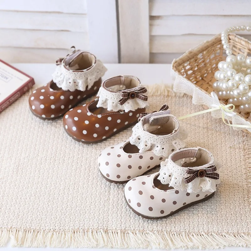 Toddler Walking Shoes Round Toes Sweet Polka Dots Baby Casual Shoes Cute Lace 2026 New Fashion Kids Princess Shoes Non-slip