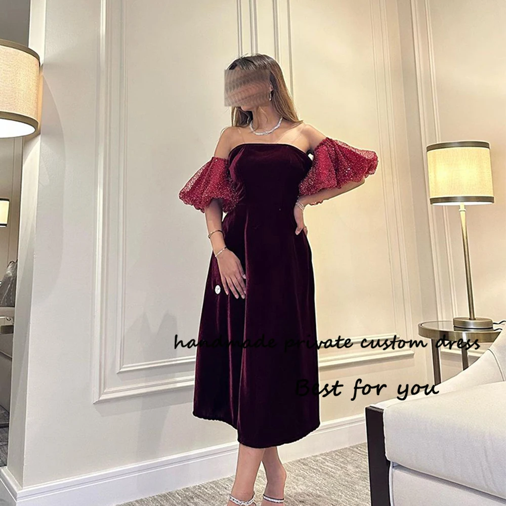 

Burgundy Velvet Evening Prom Dresses with Sleeve Strapless A Line Arabic Dubai Formal Dress Tea Length Evening Party Gowns