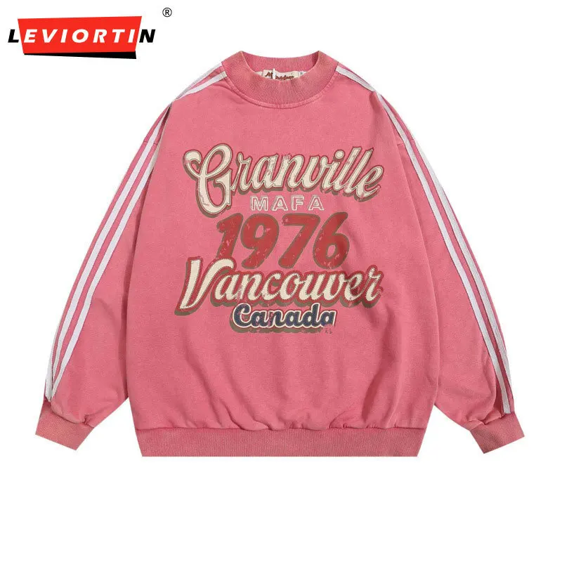 Spring and Autumn New American Versatile Round Neck Hoodie, Washed and Used Sweatshirt, Loose Men's Retro Printed Sweatshirt