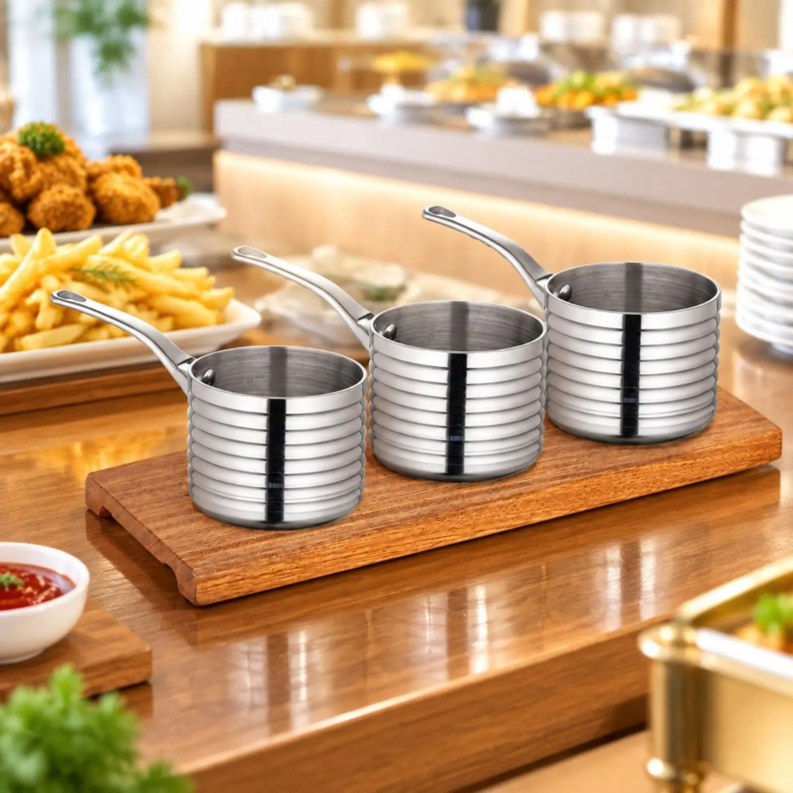 3 Pieces Stainless Steel Sauce Pot with Wooden Serving Board Multi-Purpose Mini Sauce Pot Saucepan Ribbed Restaurant-Style