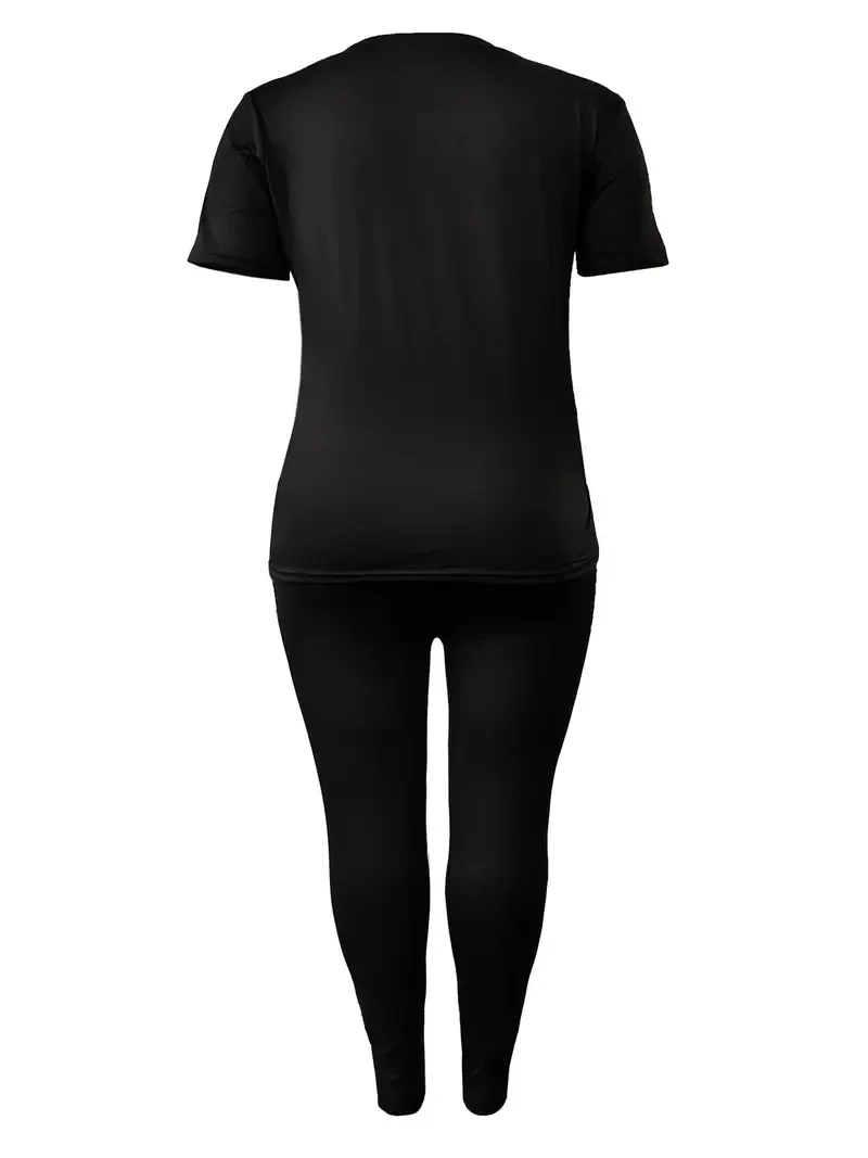 Large size letter-printed two-piece set, casual short-sleeved T-shirt and sports yoga pants, women\'s fitness plus size clothing