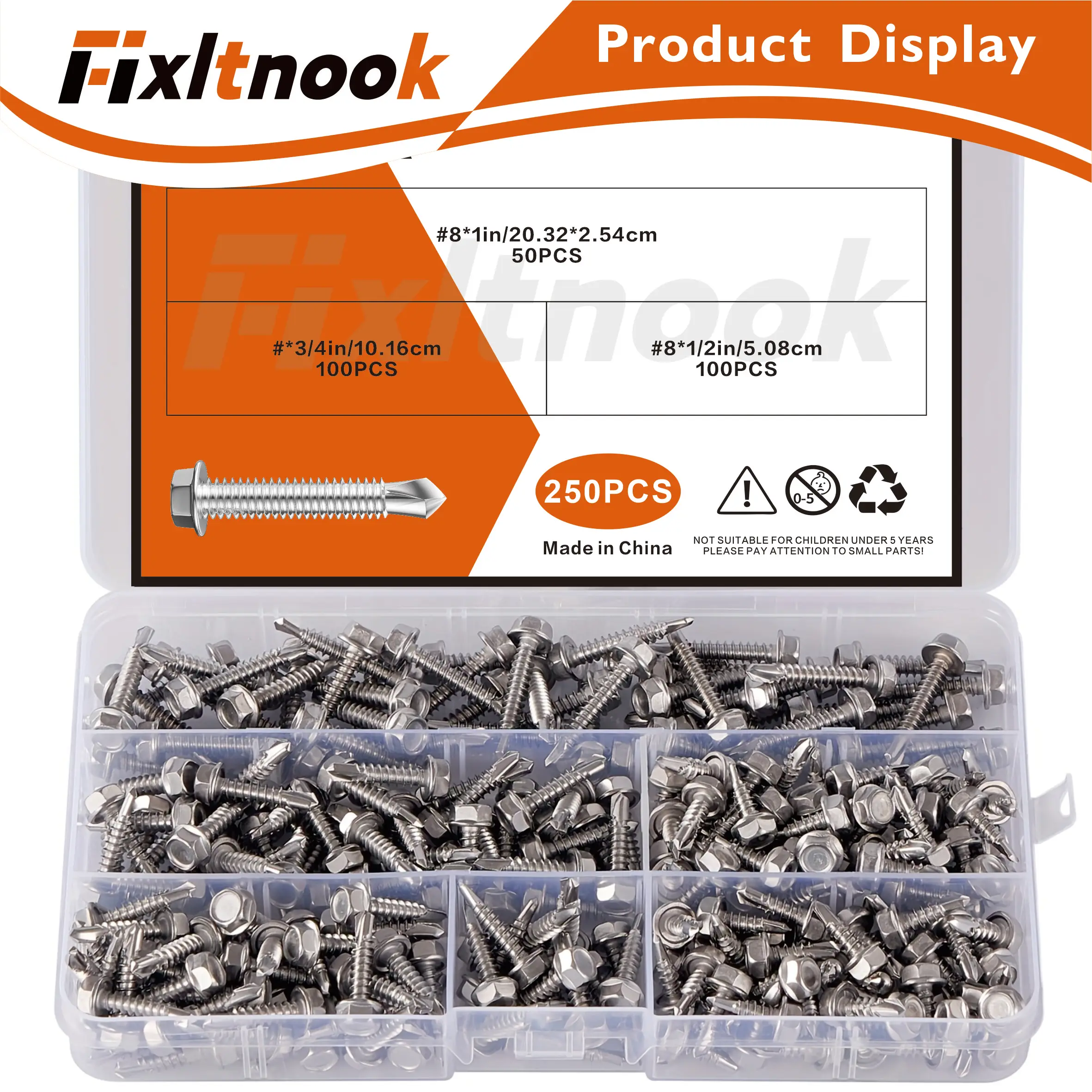 

250 pieces # 8 self tapping screw classification kit: 410 stainless steel, hexagonal washer head, self drilling Tek screws