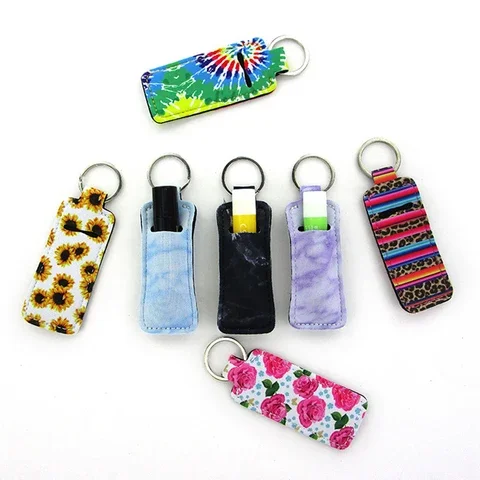 

2021 New Simple Lipstick Bag Keychain PU Leather Sunflower Leopard Bag Key Chain Gifts Accessory Lip Balm Lipsticks Keyrings