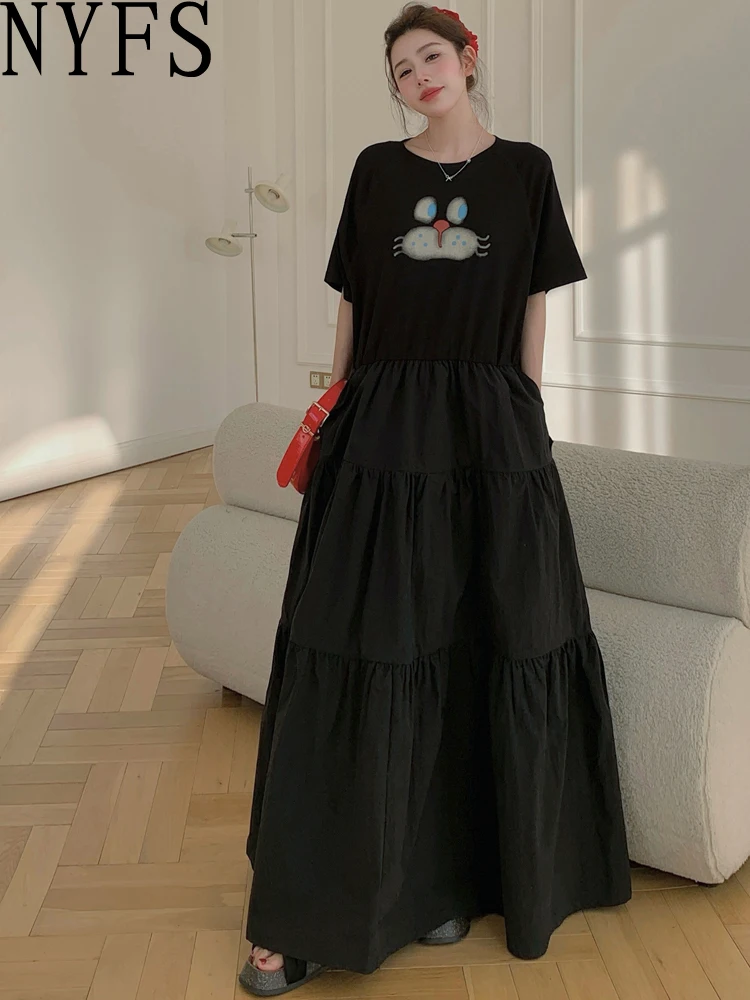 

NYFS 2025 Korean Style Women's Summer Dress Loose plus Size Patchwork Short Sleeve Long Dress Robe Elbise