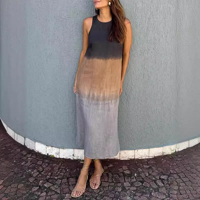 

Summer Casual Cotton and Hemp Sleeveless Split Gradient Dress