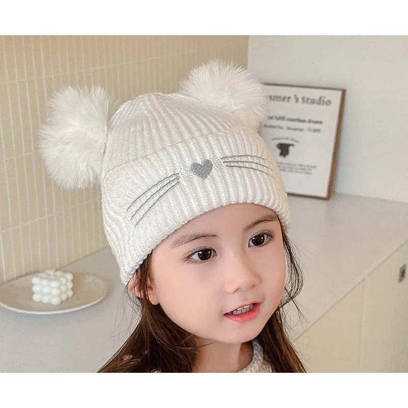

Hot-Selling Kids' Autumn Winter Knit Hat - Double Pom-Pom Faux Fox Fur Cap, Unisex Warm Cold-Weather Cute Headwear.