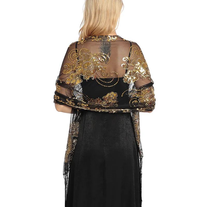 Chal elegante de lentejuelas de malla brillante para mujer, vestido de noche con flecos, chal de dama de honor nupcial, Boleros, envolturas para