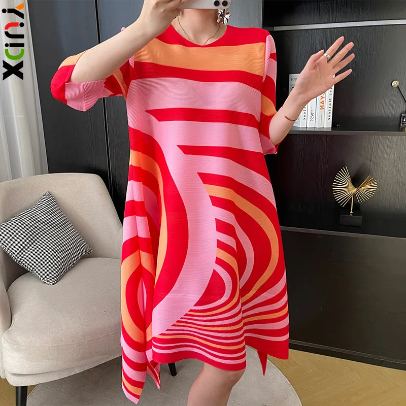 

Miyake Striped Printed Pleated Dress Pleated Women's Fashion Loose Plus Size Temperament Casual Skirt 2023 Spring and Summer New