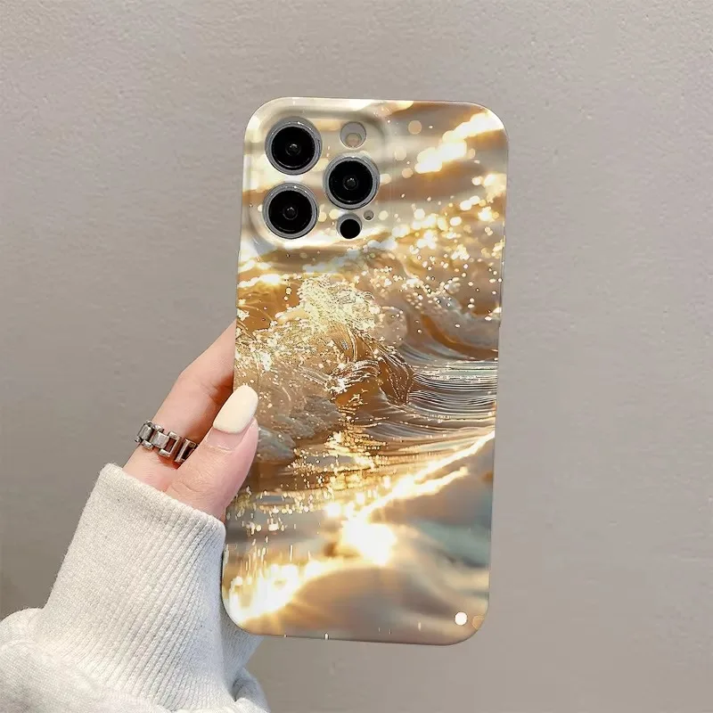 New Luxury INS Gold Wave Print Fortune Hard Phone Case For iphone 16 15 14 13 12 11 X XS XR Pro Max Plus Art Protective Cover