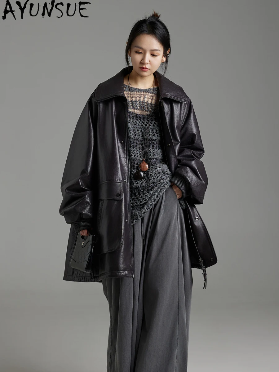 AYUNSUE Echtes Leder Jacke Frauen 2025, Echt Schaffell Frauen Mäntel Herbst Kleidung Mid-länge Graben Mantel Jaqueta De Couro