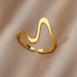 Vintage Geometric Wave Rings For Women Stainless Steel Gold Color Adjustable Ring Aesthetic Wedding Jewelry Gift Free Shipping