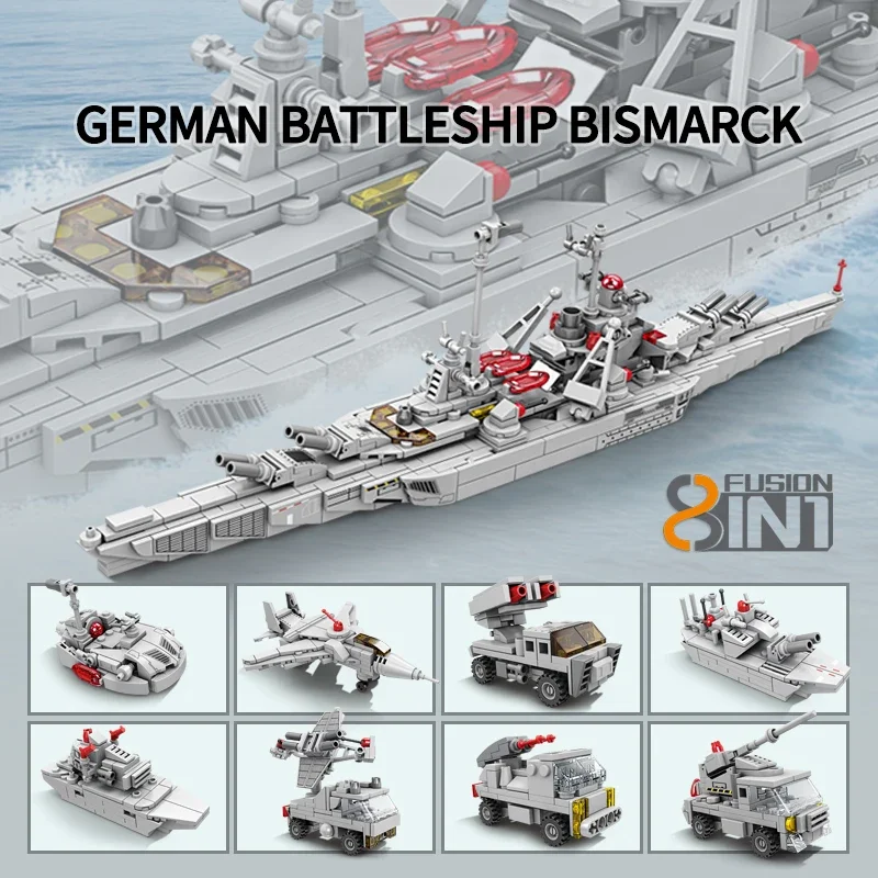 

758PCS German Bismarck Battleship Building Blocks WW2 Military Aircraft Carrier 8 In 1 Assembly Bricks Children Christmas Gifts