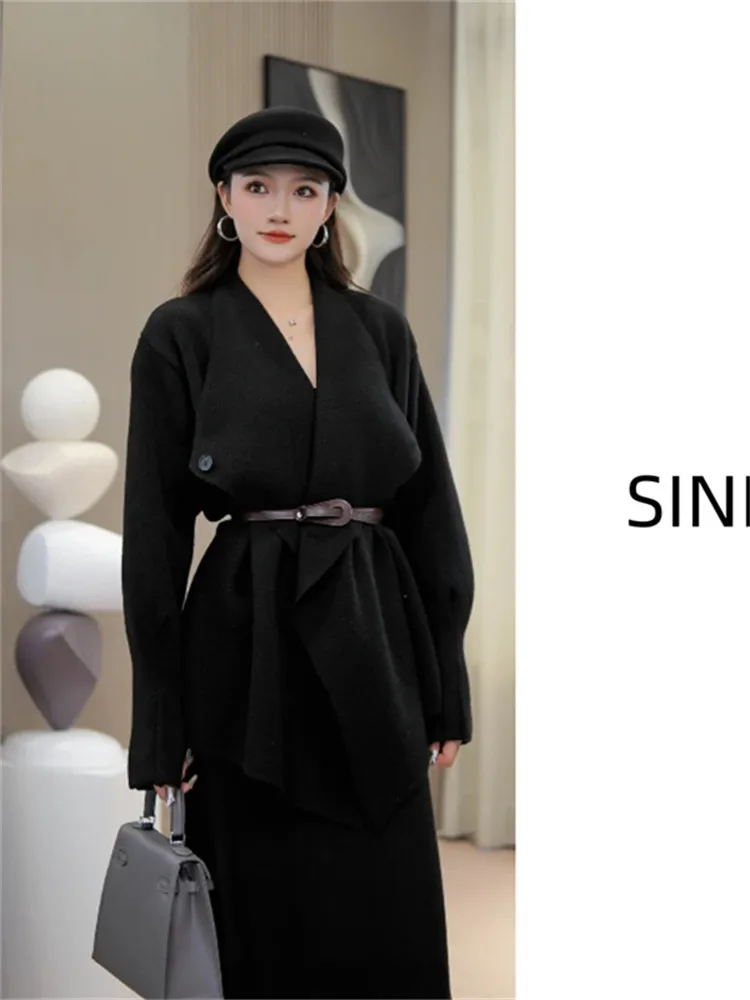 

Faionable Lady Suit Women's New Sle Turn-down Collar Waist-cinching Jaet And High-waist Slimming Skirt Casual Outfit