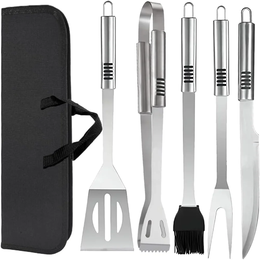 Stainless Steel Grill Tools Set,  BBQ Tools Accessories Kit with Spatula,Fork,Knife,Brush,Tongs & Carry Bag Grill Utensils