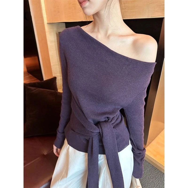 

Сексуальные однотонные свитера со шнуровкой и открытыми плечами, женская одежда, темпераментные тонкие трендовые пуловеры с длинными рукавами, корейская мода, весна-осень