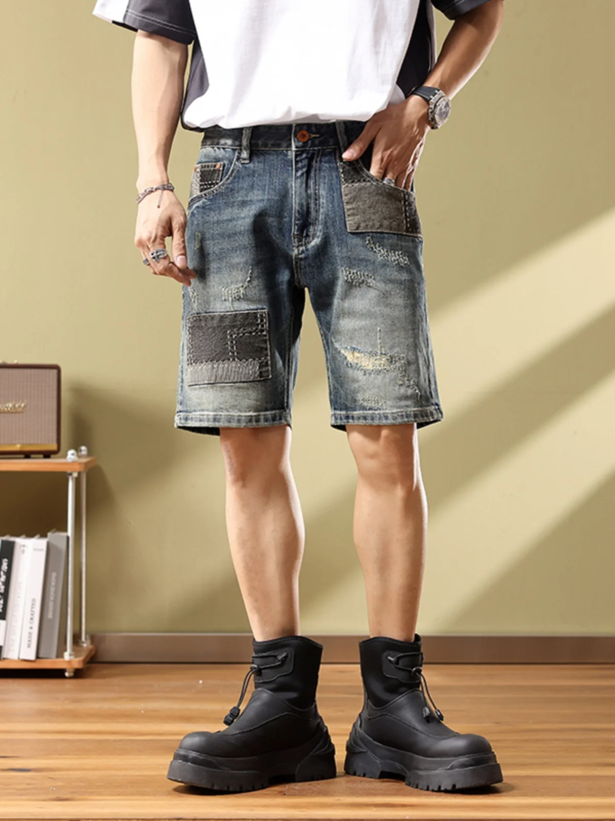 

Retro American High Street Men's Denim Shorts Loose Straight Leg Five Patchwork Wear Resistant Summer Casual Jeans