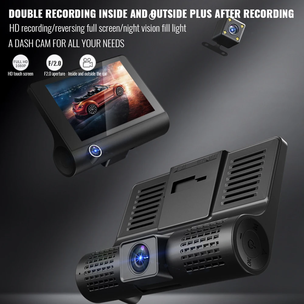 4inch Three Lens HD Dash Cam Night Vision Touch Screen Wide Angle Reversing DVR G-Sensor GPS Navigation Dashboard Video Recorder