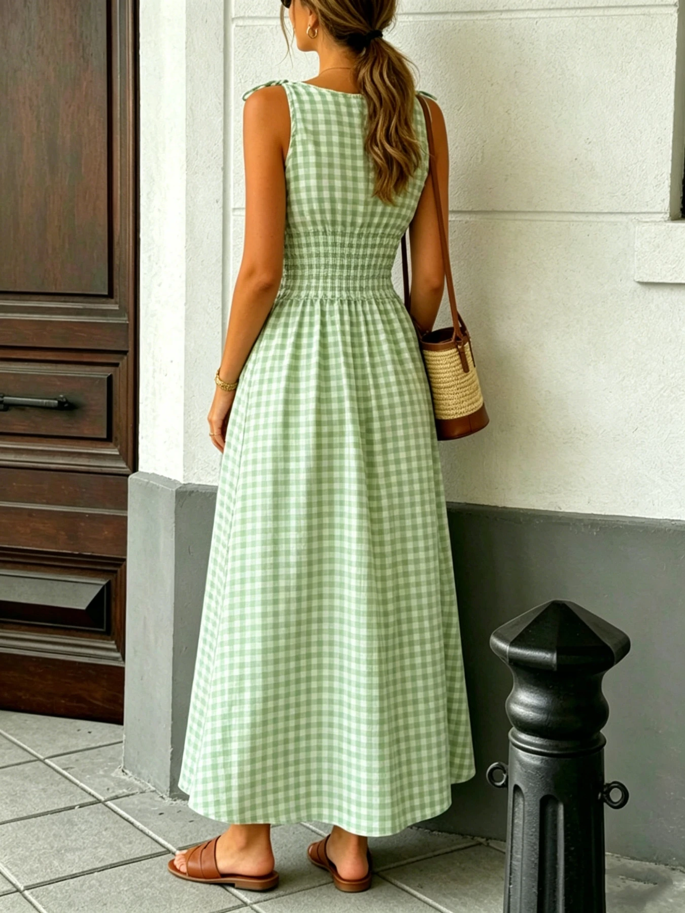 Sommermode Neuer Stil Frischer Ins-Stil Vielseitiges Gittermuster Taillenzugband Langes Kleid – Detail 8