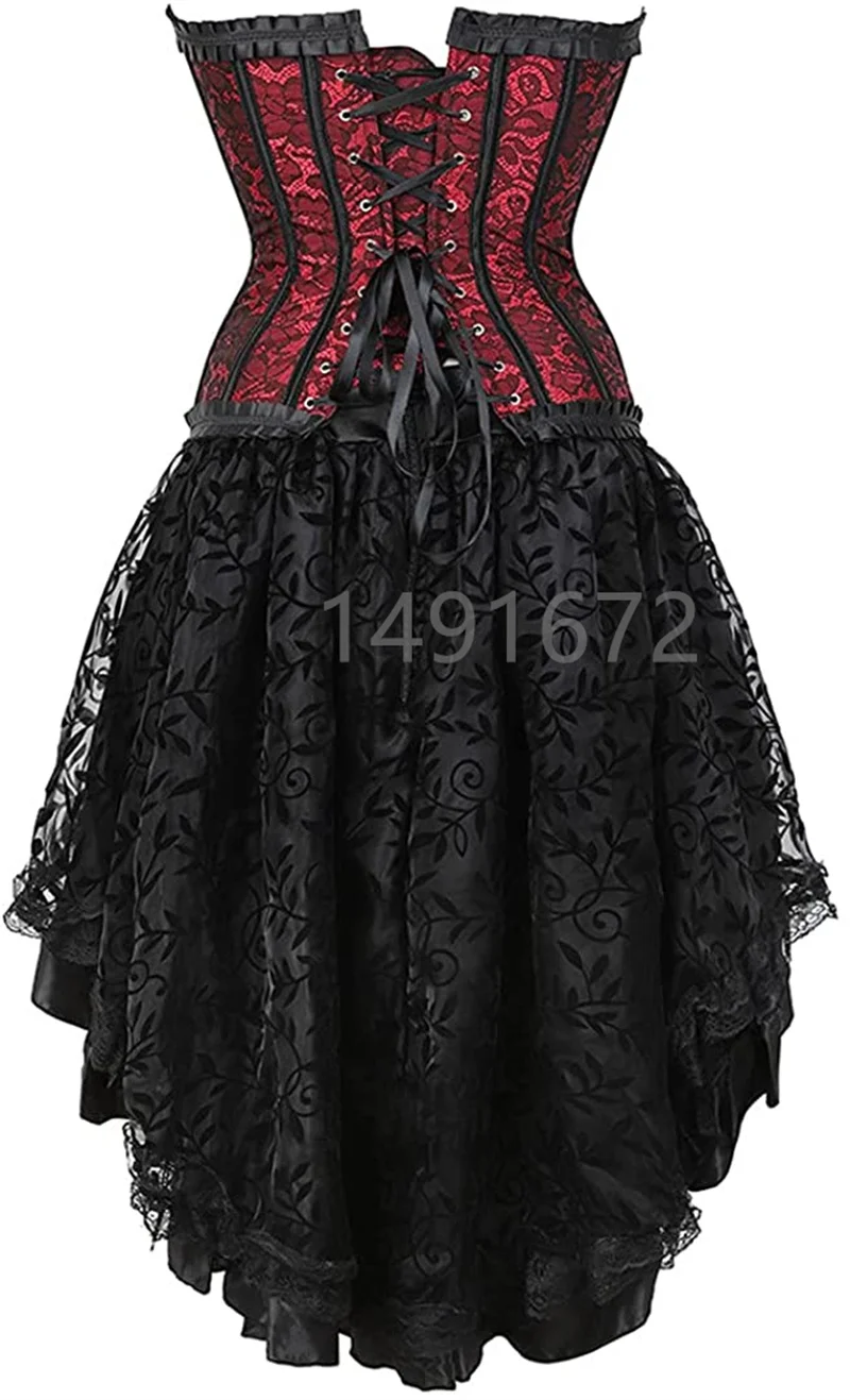 Sapubonva Corset Dress Gothic Cosplay Bustier for Women Skirt Top Set Sexy Vintage Victorian Plus Size Costume Red Korsage