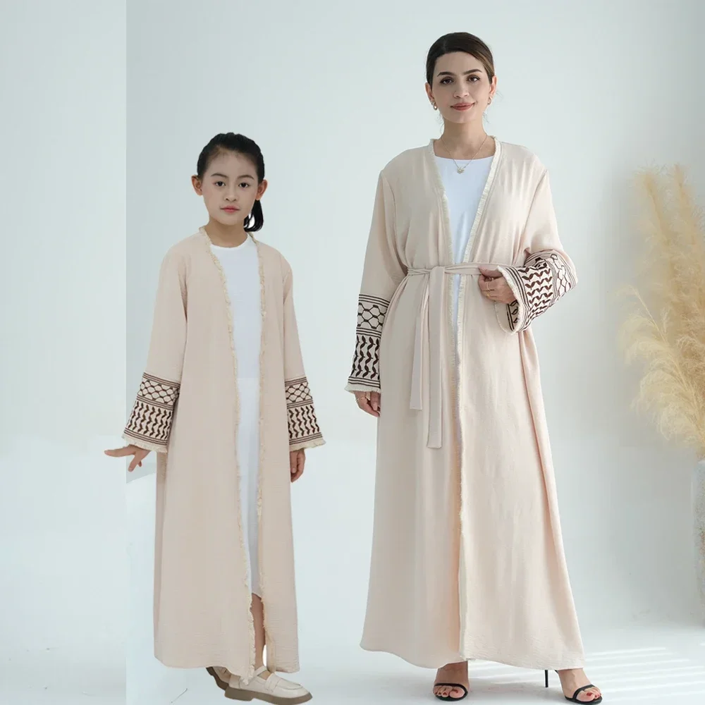 Mother and Daughter Abayas Dubai Muslim Women Kids Girls Maxi Dress Eid Djellaba Jalabiya Turkey Kimono Cardigan Islamic Robe