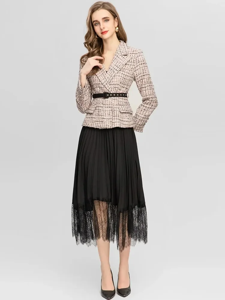 

Fashion Runway Autumn Skirts Suit Women Long Sleeve Belted Tweed Blazer Coat + Black Pleated Lace Skirt Two Pieces Set