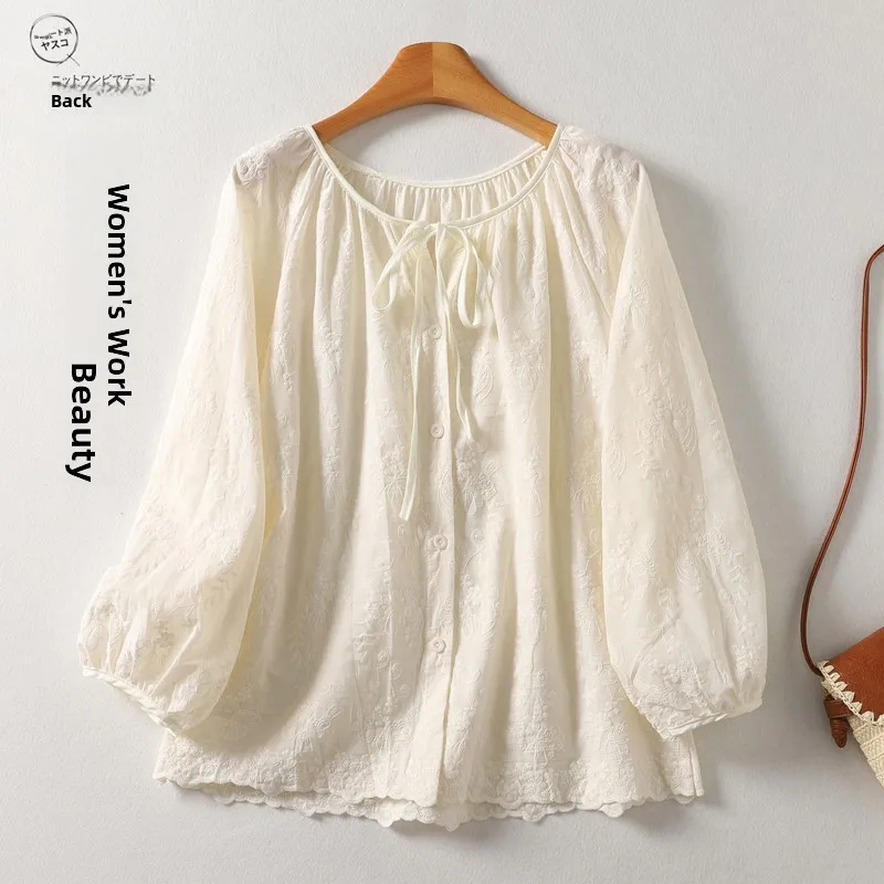 

Повседневная свободная хлопково-льняная блузка с вышивкой irt Simple Tie Dye Fre, универсальная женская блузка, лето 2024, длинная застежка на пуговицы