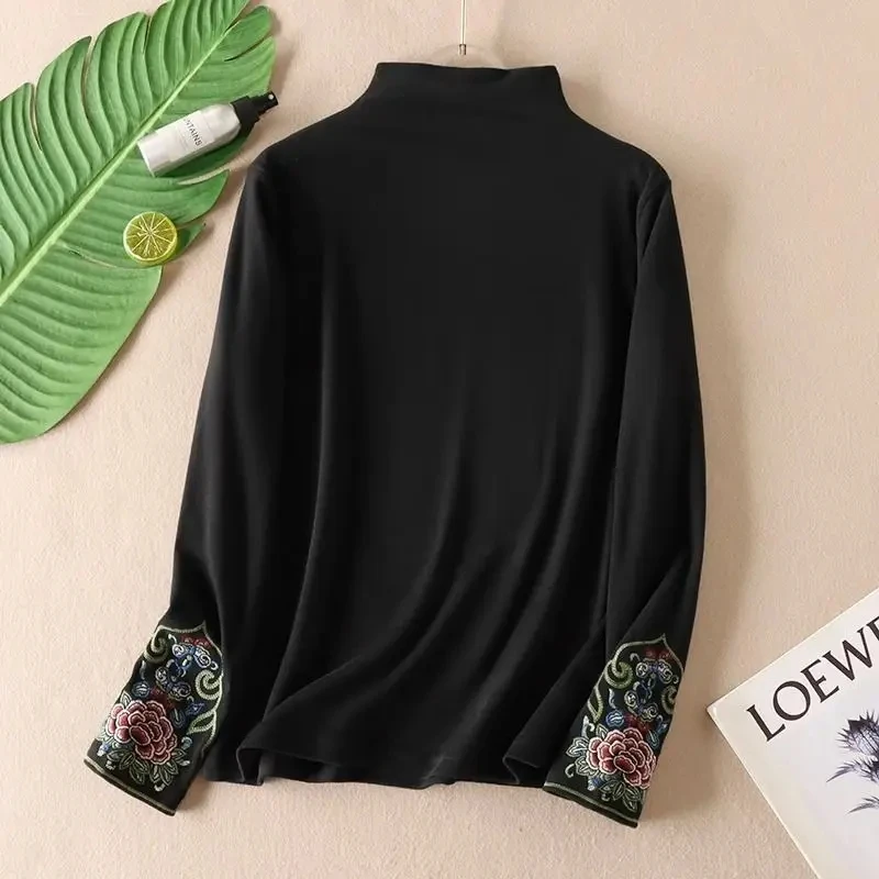 Beige Feste Beiläufige Stickerei Chic Langarm Stehen Kragen frauen Bluse Hemd Koreanische Mode Lose Weibliche Kleidung Tops 2024
