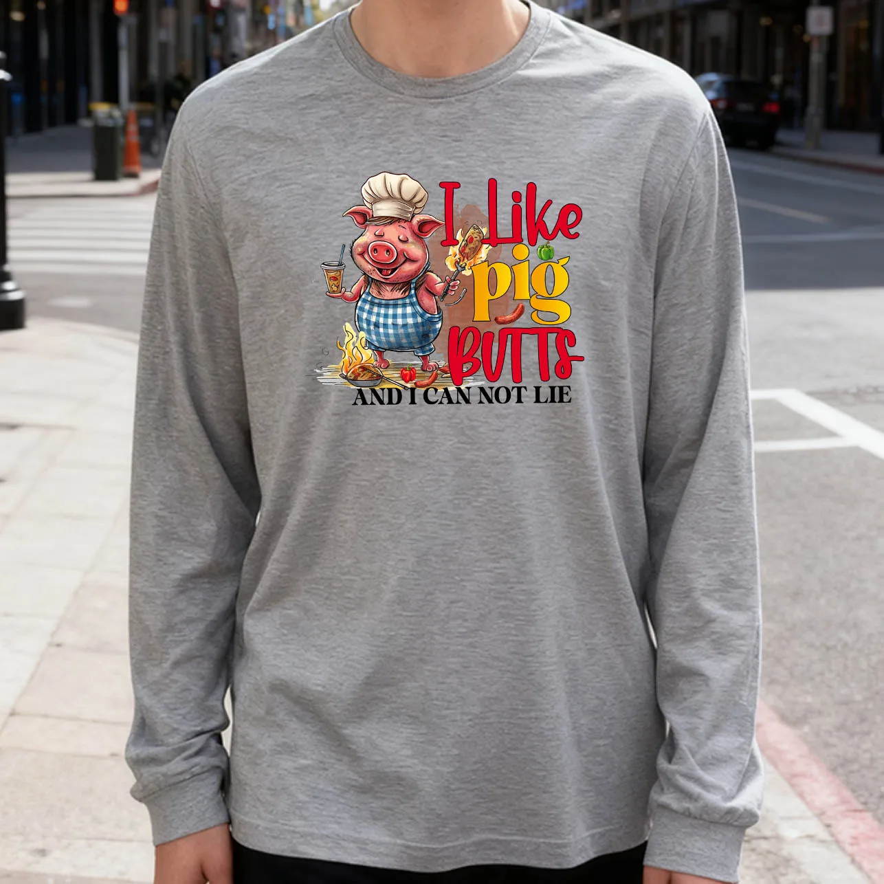 

I Like Pig Butts Men's Long Sleeve T-Shirt 180g 100% Cotton Printed Crew Neck Casual Daily Wear Soft and Breathable