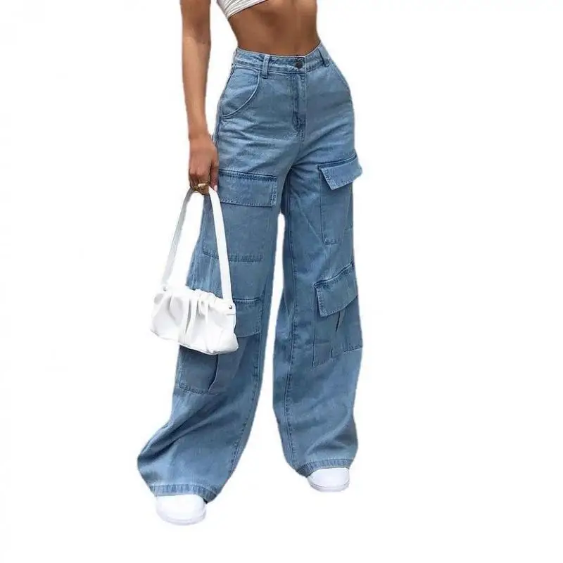 Vibe High Street American Retro Workwear Jeans Summer Women's High Street Loose High Waisted Trendy Multi Pocket Wide Leg Pants