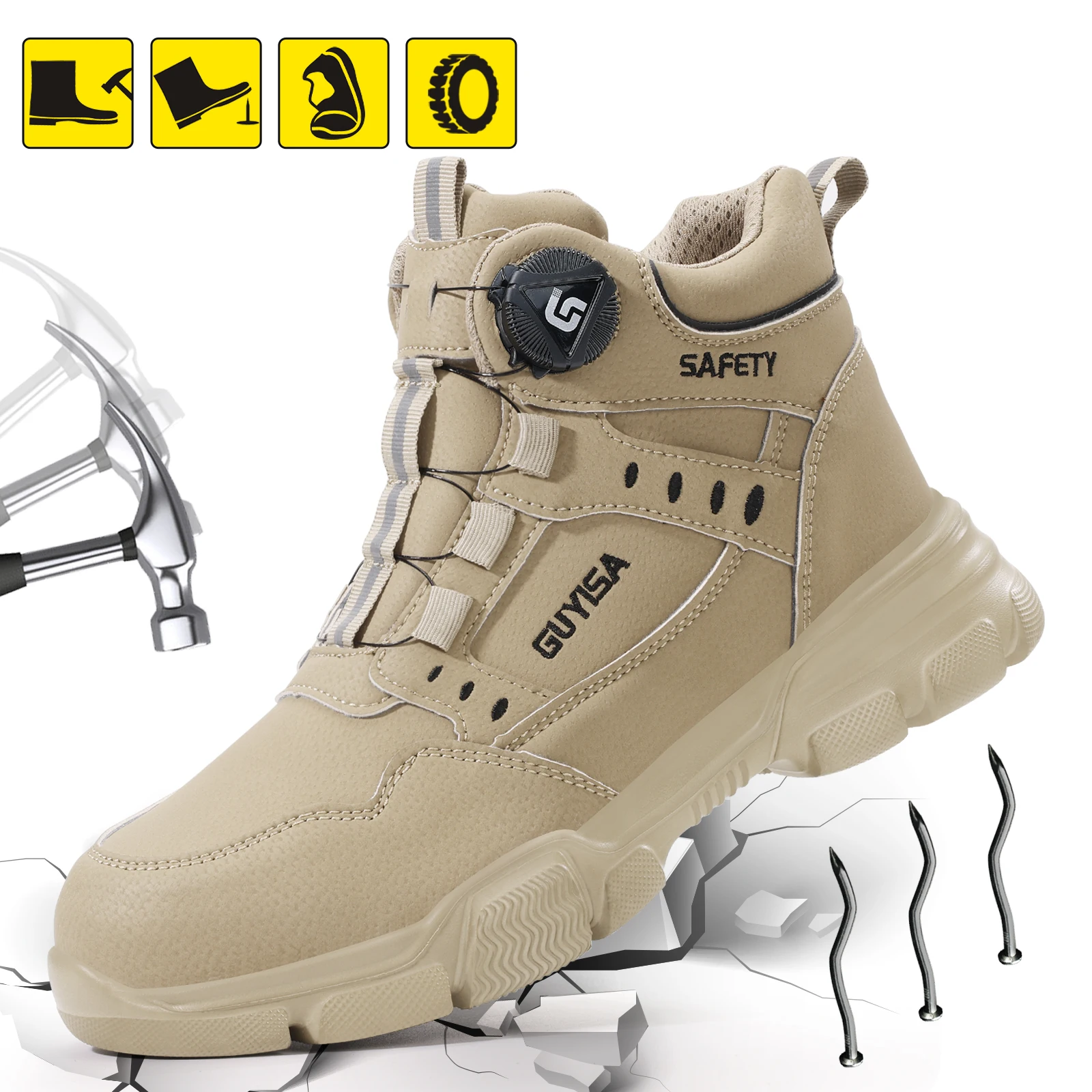 GUYISA Men's Steel Head Work Shoes Anti Smash and Anti Piercing Khaki High Top Intelligent Buckle Simple and Fashionable Industr