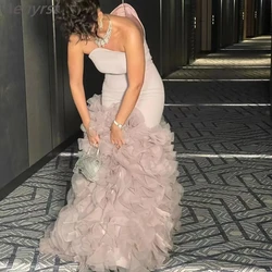 Long Mermaid Prom Gowns Ruffles Strapless Saudi Arabia Party Dress Zipper Satin Formal Dresses Tulle Customized Evening Gown