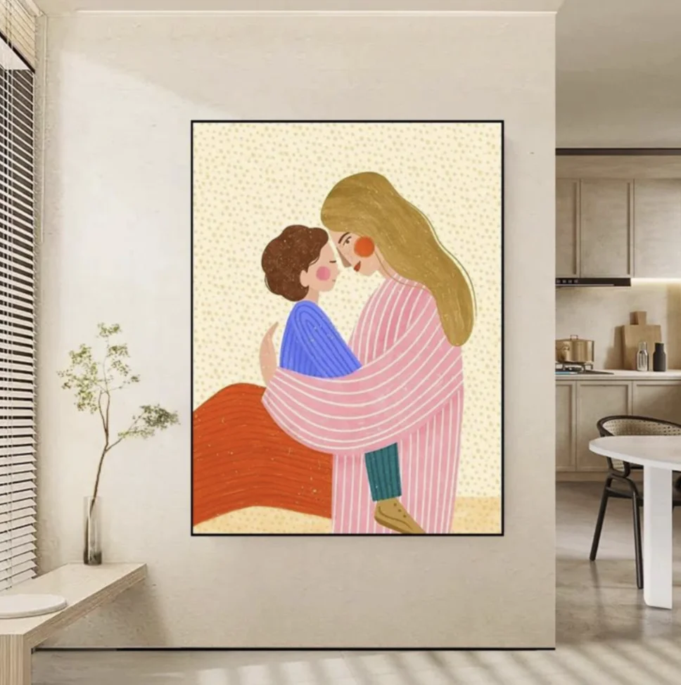 Cartoon Mother And Child Hug Canvas Print, Warm Family Wall Art Print For Living Room, Bedroom, Nursery Home Decor