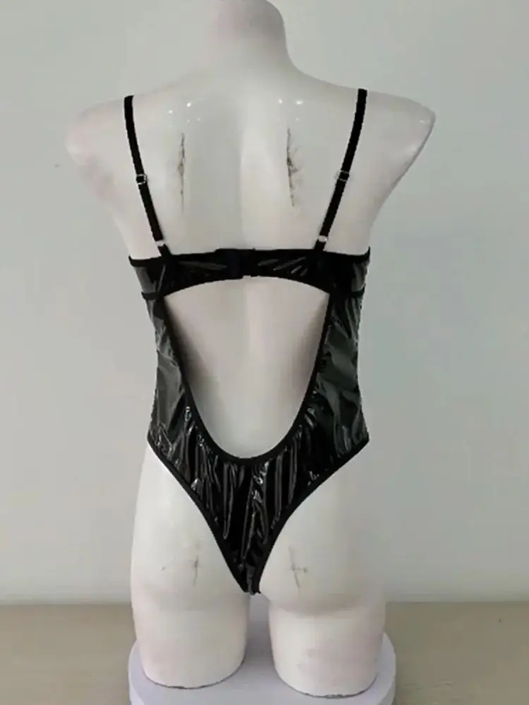 S-XXL Spaghetti Stap Shaped Breast Wet Look PVC Catsuit Swimsuit Shiny PU Leather Bodysuit Tight Sexy Clubwear Body Belt Teddies