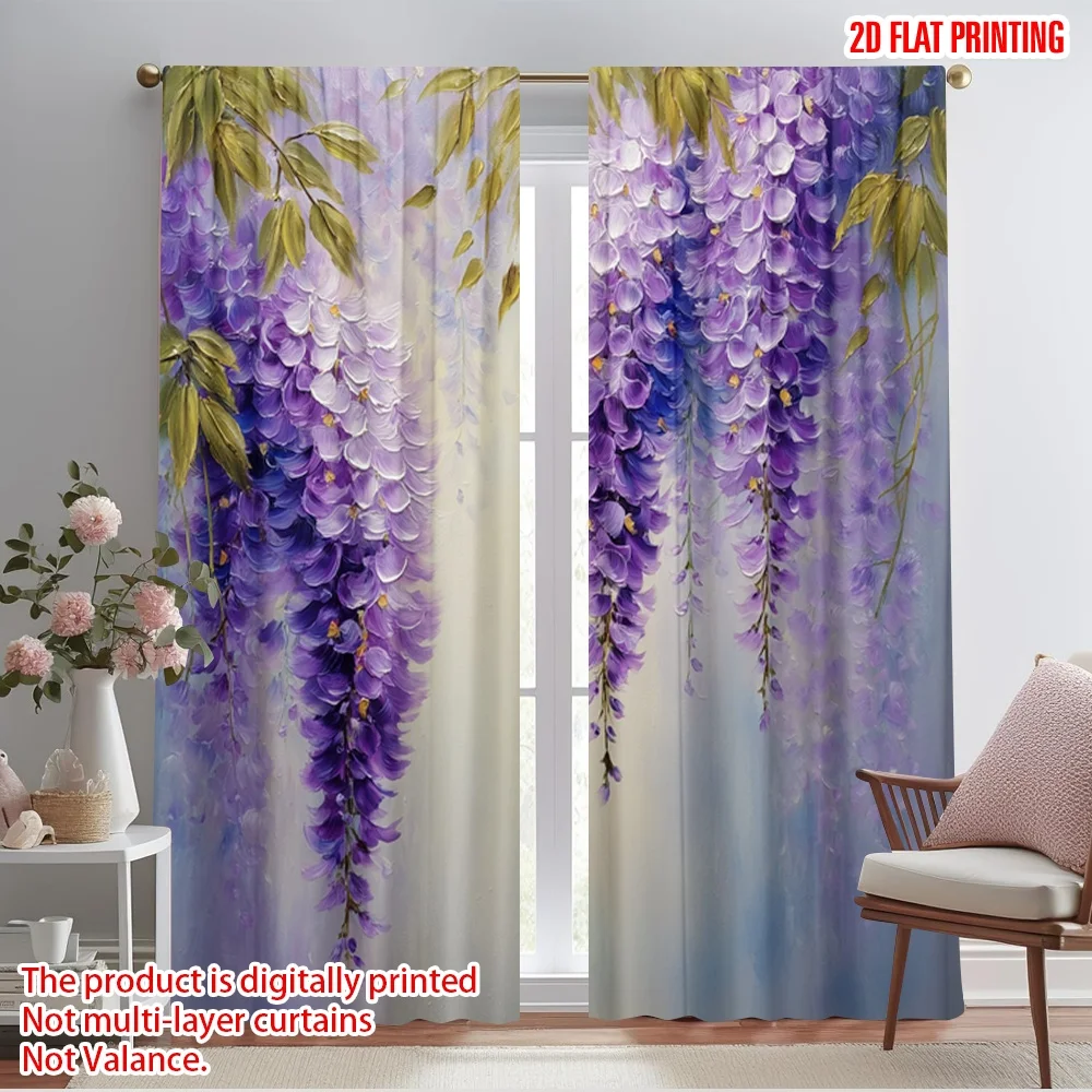 

2pcs,2D plane printing Pattern Curtains Purple Wisteria Versatile Durable Polyester (without rod) Decorations For Home Use for
