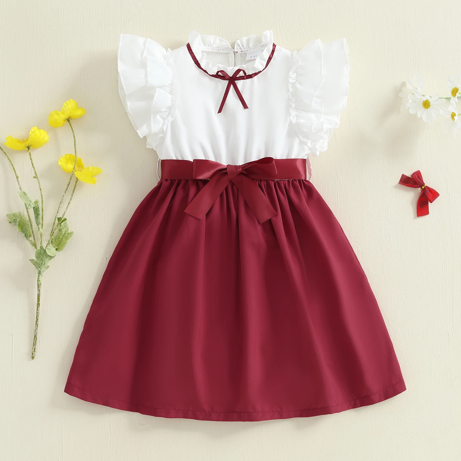 

Kids Girls Dress Patchwork Ruffles Fly Sleeve Casual Dress Toddler Summer Dress with Belt