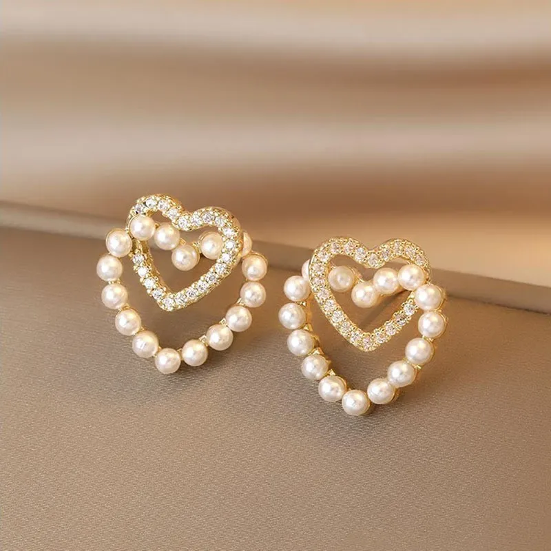 White Color Crystal Heart Stud Earring for Women Korean Simple Enamel Imitation Pearl Geometry Jewelry Christmas Girlfriend Gift