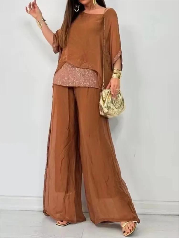 

Autumn Elegant Chiffon Women's Suit Casual O Neck Five Quarter Sleeve Bead Splicing Pants Sets Fashion 2 Piece Sets Women 2024